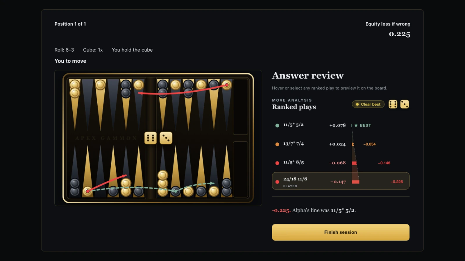 Apex answer review showing the played move and Alpha's legal correction on the board